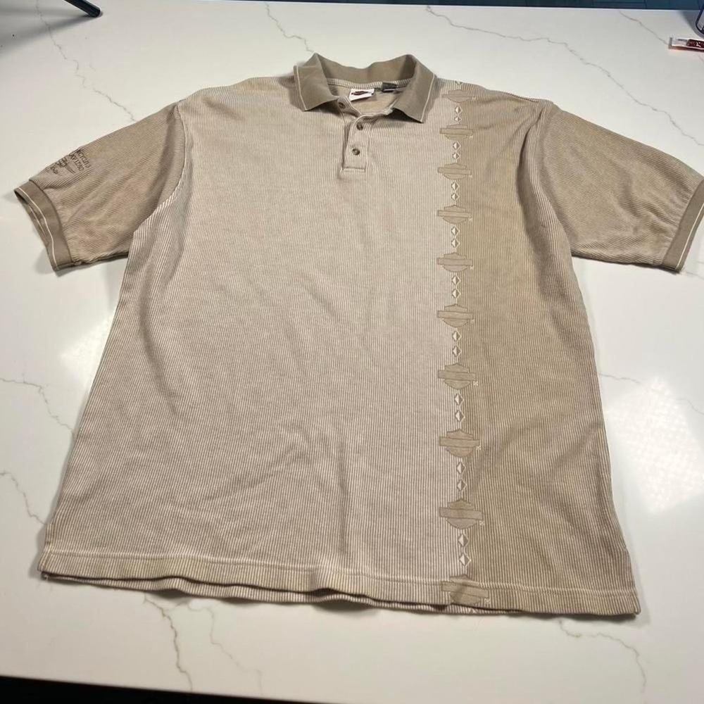Harley Davidson Polo Shirt Mens 2XL Tan Ribbed Embroidered Muncie IN